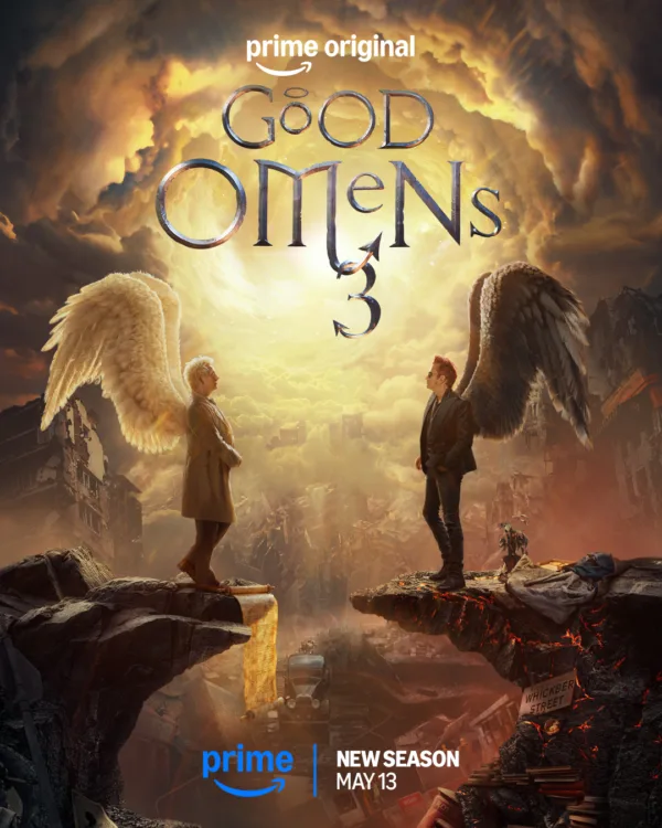 GoodOmens3Poster A poster for Good Omens Season 3, showing Aziraphale and Crowley with their wings out, staring at each other from opposite sides.