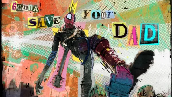 Spider-Punk with the words "Gonna save your dad" spelled out in magazine letters.
