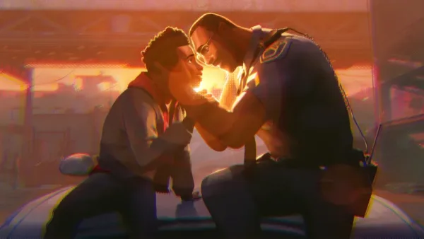 An emotional moment between Miles Morales and his dad in front of a sunset.