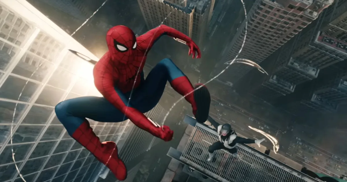 Spider-Man webslinging through a city.