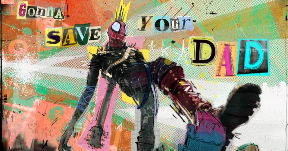 Spider-Punk with the words "Gonna save your dad" spelled out in magazine letters.