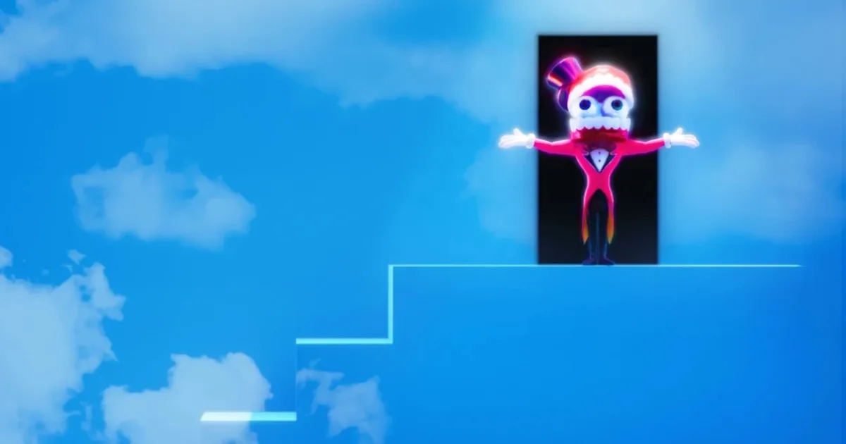 Caine, a set of chattering teeth with eyes, stands in a doorway on a sky-patterned wall in an allusion to "The Truman Show."