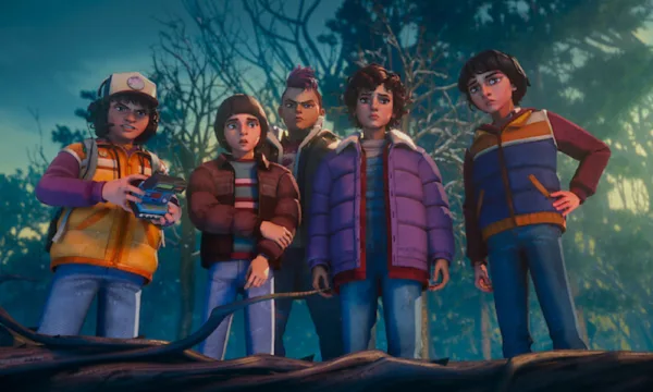 Animated versions of the "Stranger Things" characters look down at something strange.