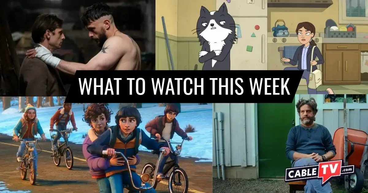 A collage of images from "Half Man," "Kevin," "Stranger Things: Tales from '85," and "This Is a Gardening Show," shows covered in CableTV.com’s What to Watch This Week column for April 20–26.