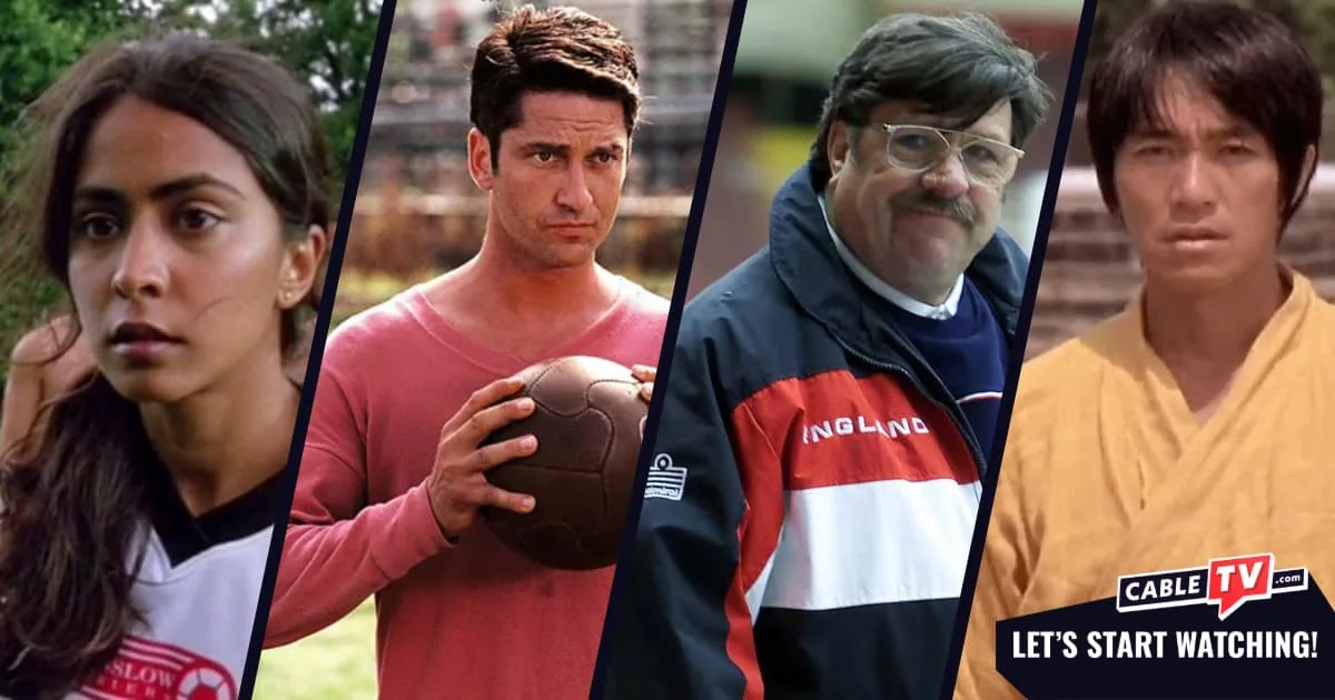 A four-panel collage featuring actors Parminder Nagra, Gerard Butler, Ricky Tomlinson, and Stephen Chow in scenes from popular soccer movies.