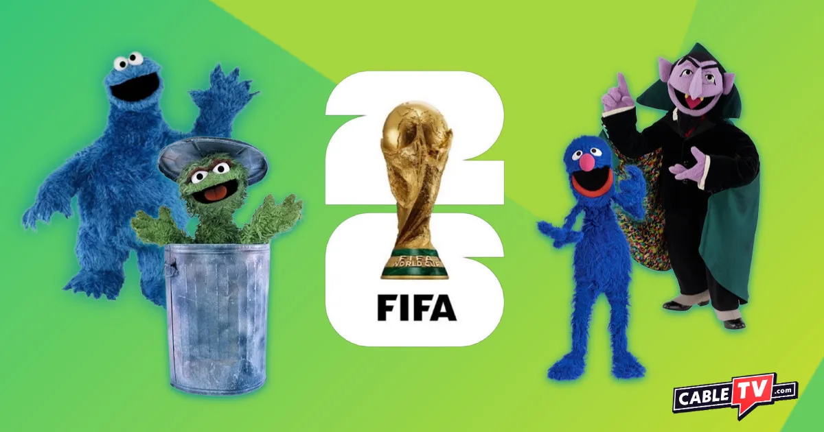 The FIFA World Cup 2026 logo surrounded by four 'Sesame Street' characters on a green gradient background.
