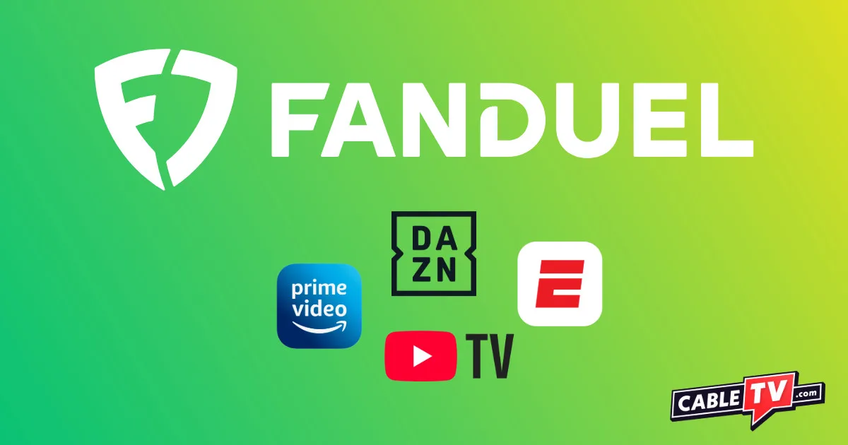 The logos of FanDuel Sports Network, ESPN, DAZN, Amazon Prime Video, and YouTube TV on a green gradient background.