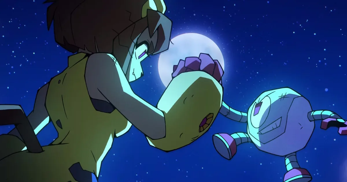 A cat girl teams up with a little robot guy in the moonlight.