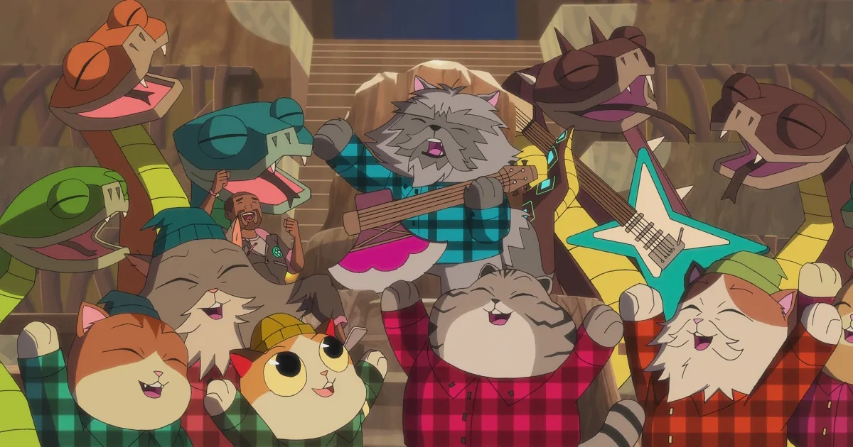 Kipo1200x630 A bunch of anthropomorphic cats wearing flannel cheer while singing a song with snakes.