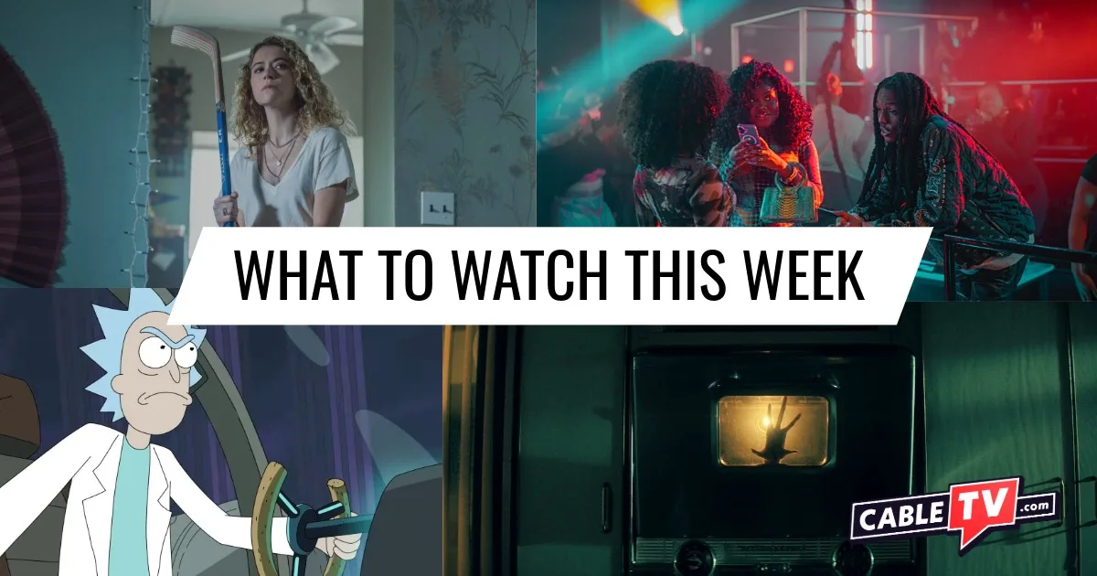 A collage of images from "Maximum Pleasure Guaranteed," "The Chi," "Rick and Morty," and "The Boroughs," shows covered in CableTV.com’s What to Watch This Week column for May 18–24.
