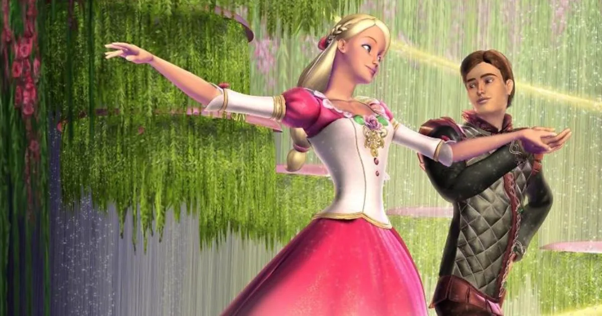Barbie, dressed in a pink ballerina princess dress, dances with Derek the cobbler.