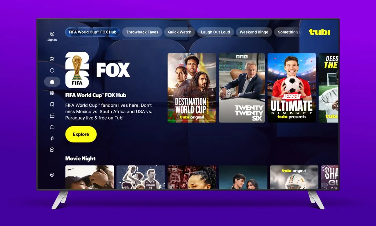 Tubi's FIFA World Cup hub page displays rows of on-demand content.