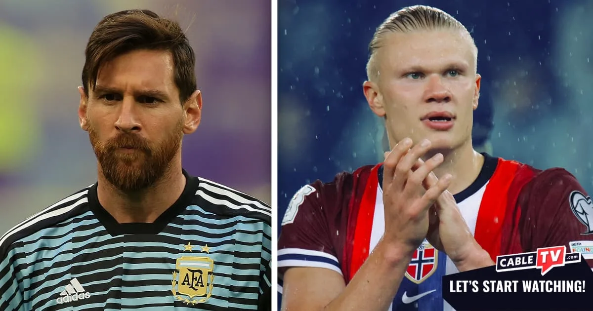 A split-screen graphic of Argentina's Lionel Messi and Norway's Erling Haaland.