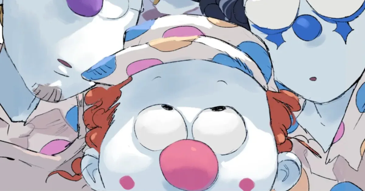A red-haired girl in clown makeup looks upwards.