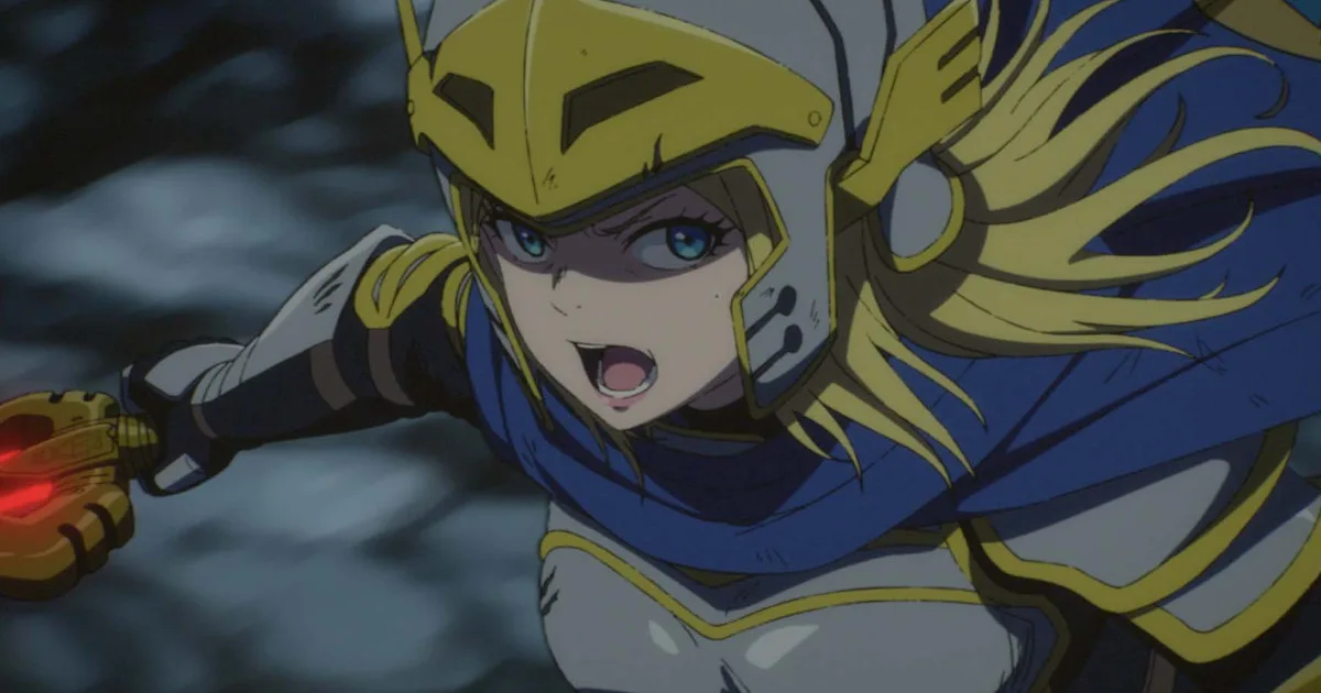 A woman in armor and a helmet is in an action pose during battle.
