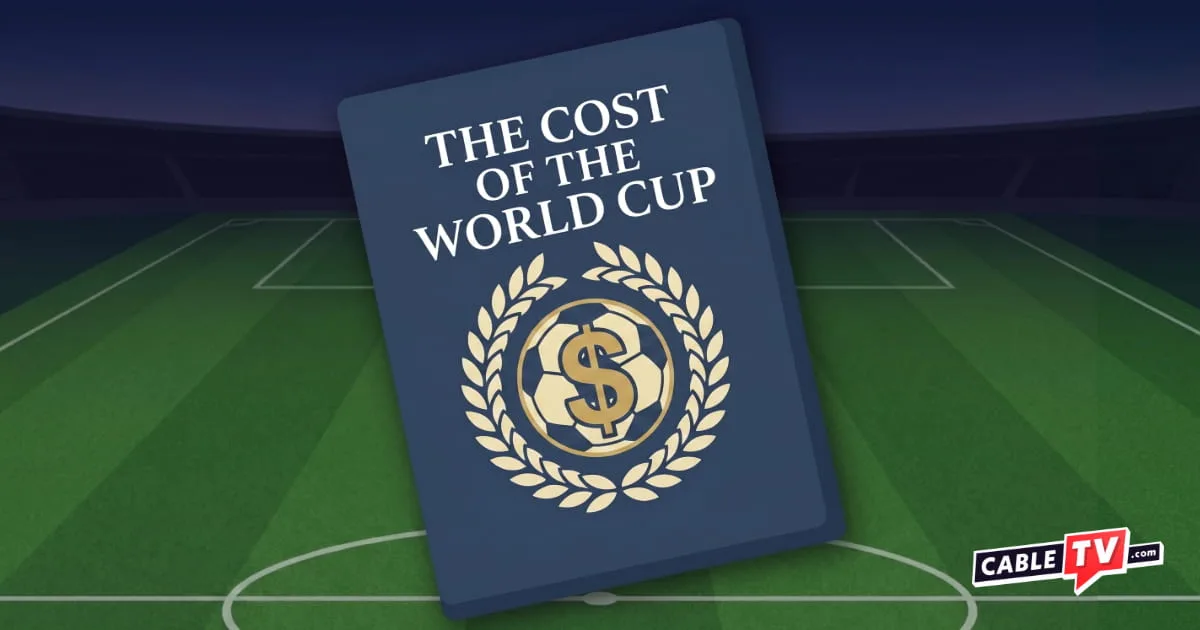 Cost To Watch the World Cup A travel passport reading 'The Cost of the World Cup' sits in the foreground of a soccer pitch.