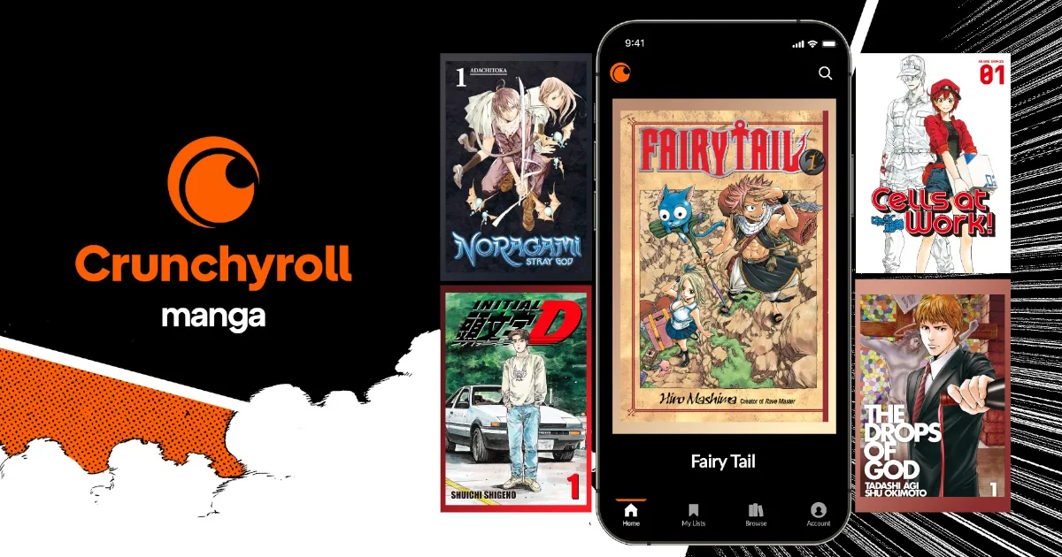 "Crunchyroll manga" with a picture of Fairy Tail on a mobile phone.