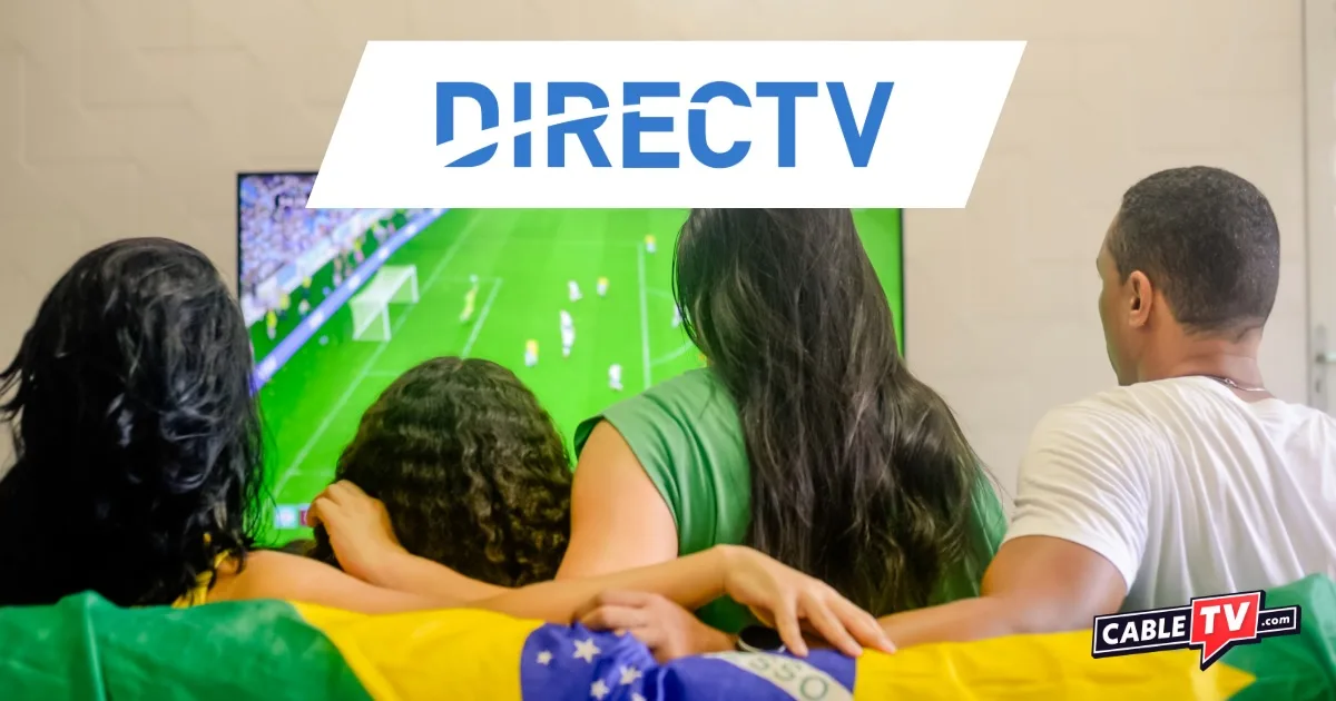 The DIRECTV logo over an image of people watching soccer on TV.