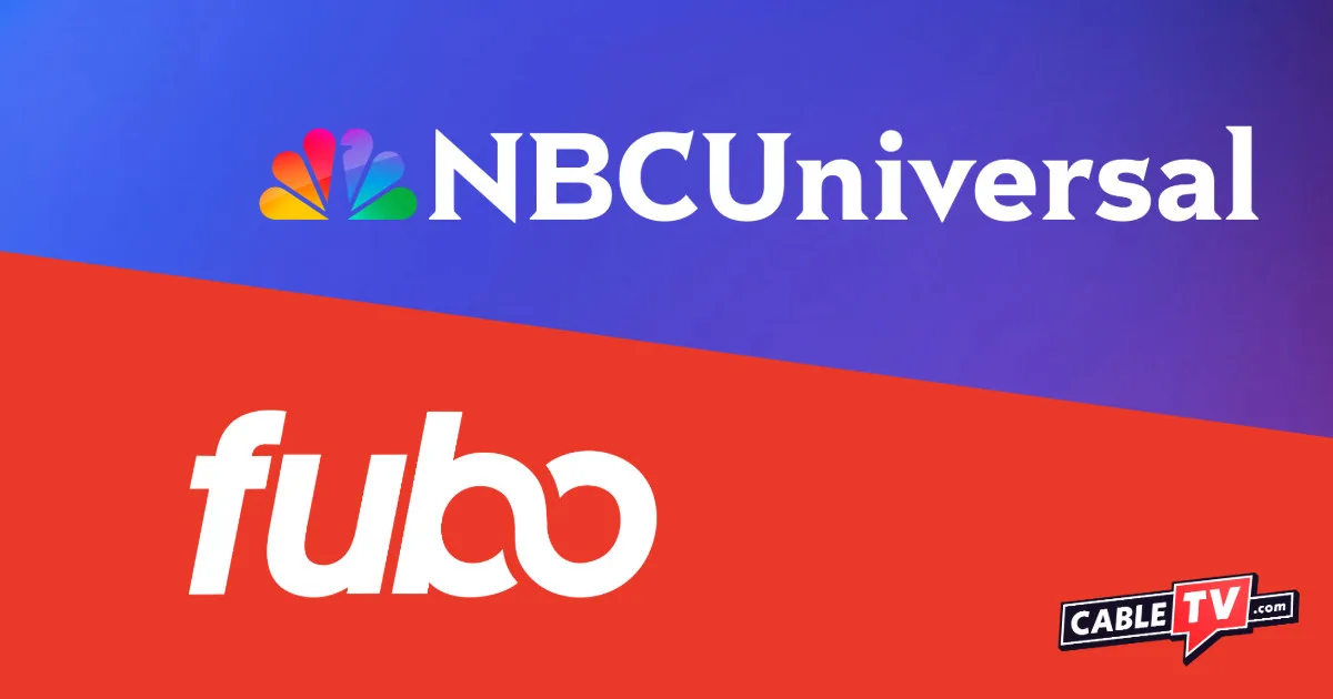 The NBCUniversal and Fubo logos on a blue and red background.
