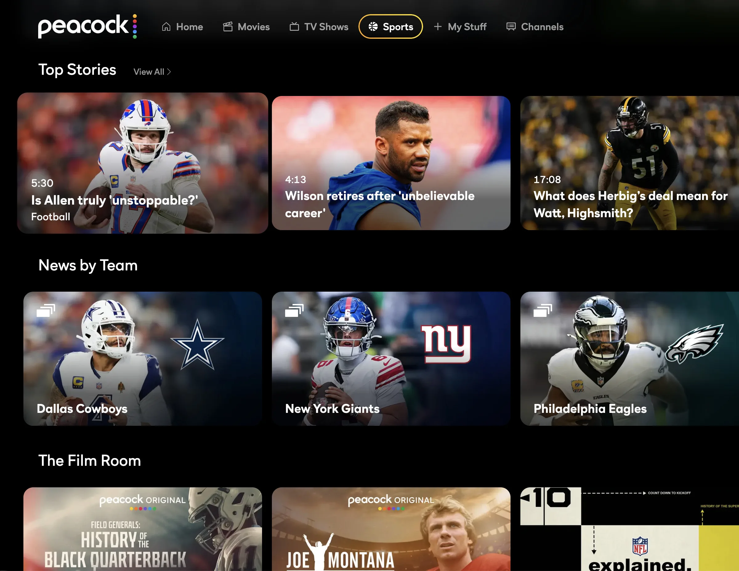 A screenshot of the NFL hub on Peacock with "Top Stories," "News by Team," and "The Film Room" sections with tiles underneath each one.