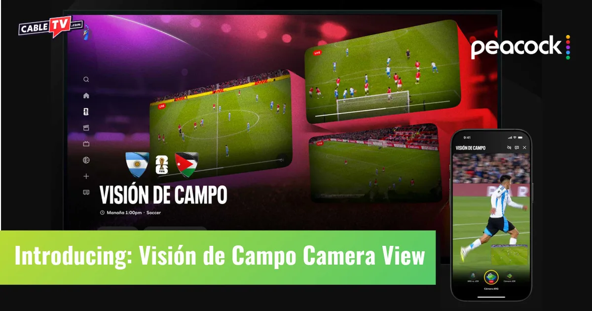 The words "Introducing: Vision de Campo Camera View" on top of a demo screenshot of Peacock's new camera view.