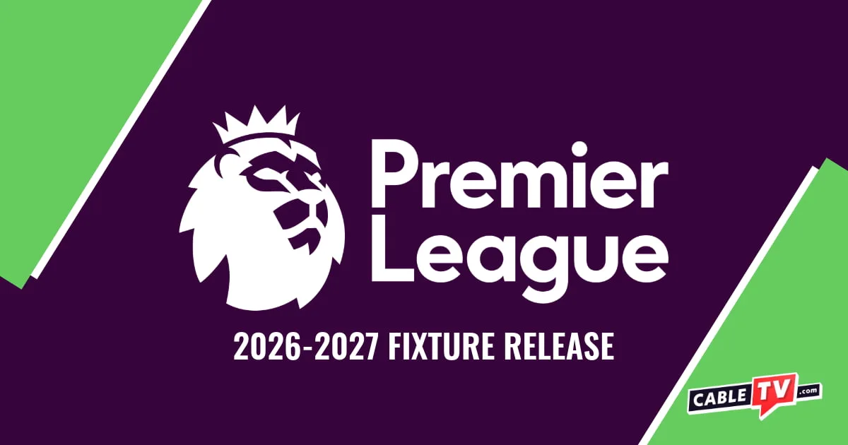 The Premier League logo and '2026-2027 Fixture Release' text on a green and purple background.