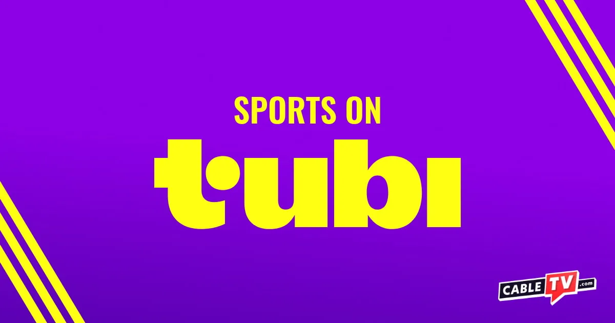 Sports on Tubi The yellow 'Sports on Tubi' logo on a purple gradient.