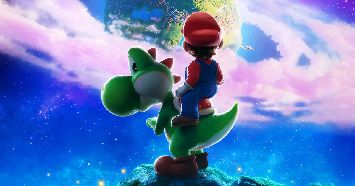 Mario sits atop Yoshi's back, looking out at a distant planet.