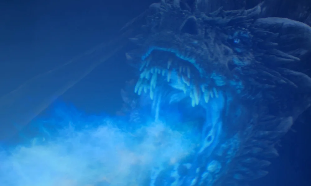 Viserion1000x600 An undead dragon spewing blue flame from its mouth.
