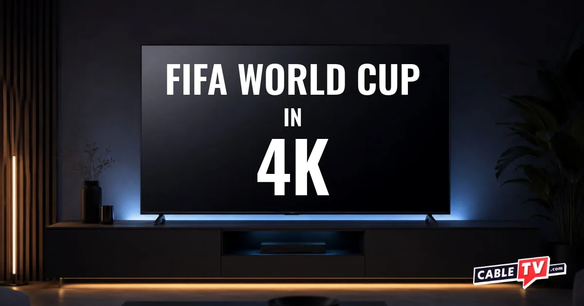 The text 'FIFA World Cup in 4K' sits over an image of a flat-screen TV in a dimly-lit room.