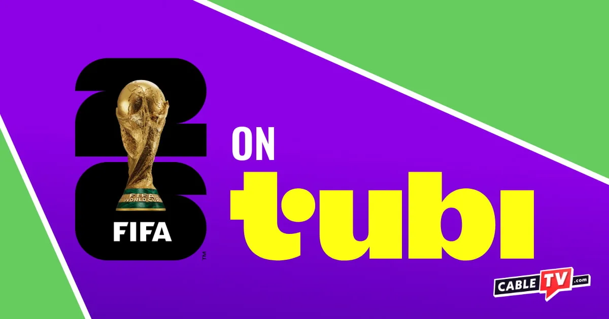 The 2026 FIFA World Cup and Tubi logos sit side by side on a purple background.