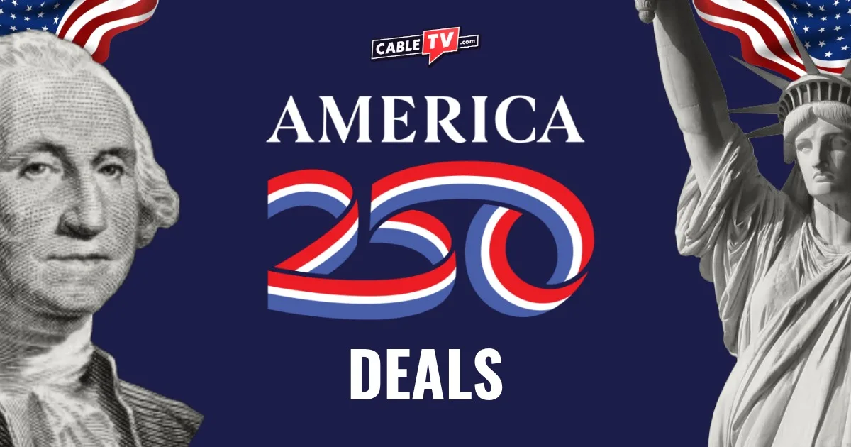 America 250 logo next to images of George Washington and the Statue of Liberty