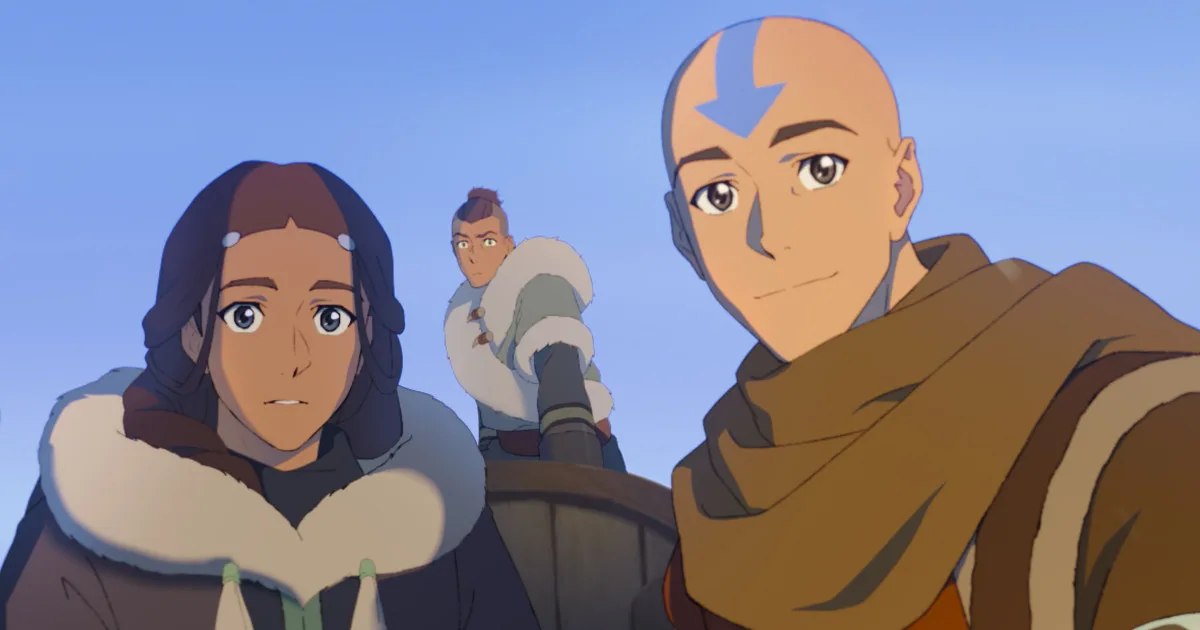 Grown-up versions of Katara, Sokka, and Aang from the new ATLA sequel movie.