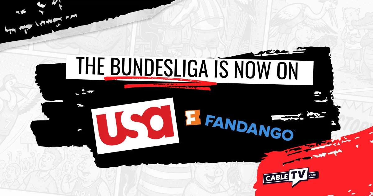 Text saying "The Bundesliga is now on" with the USA Network and Fandango logos on a black and white background.