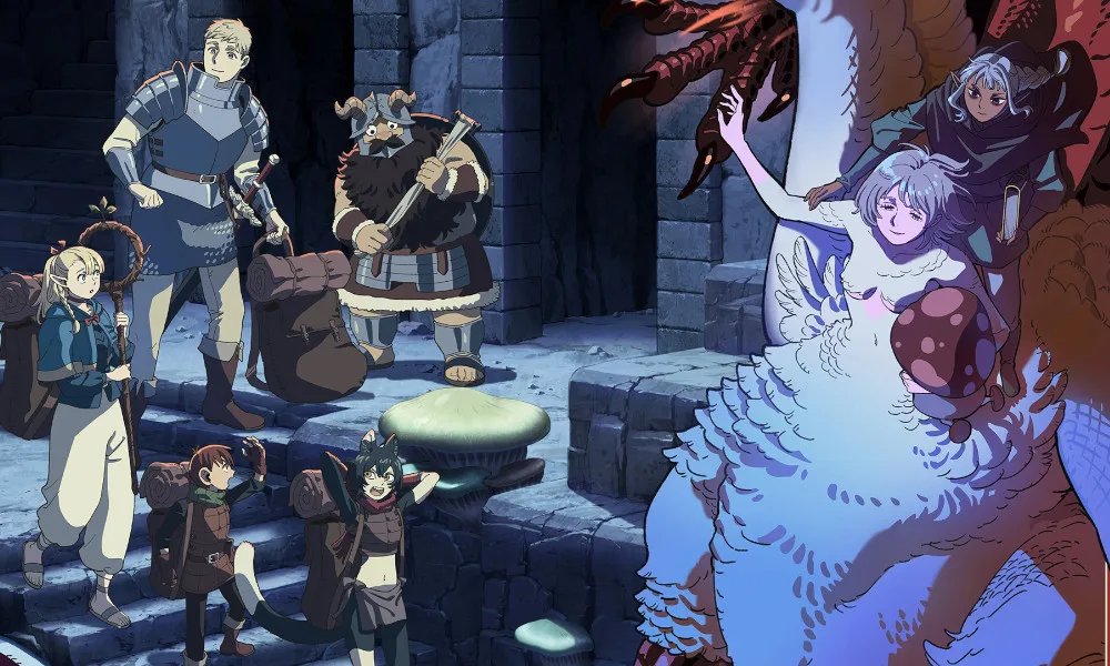 The characters of Delicious in Dungeon, including the whole adventuring party as well as Falin (in Chimera form) and Thistle.