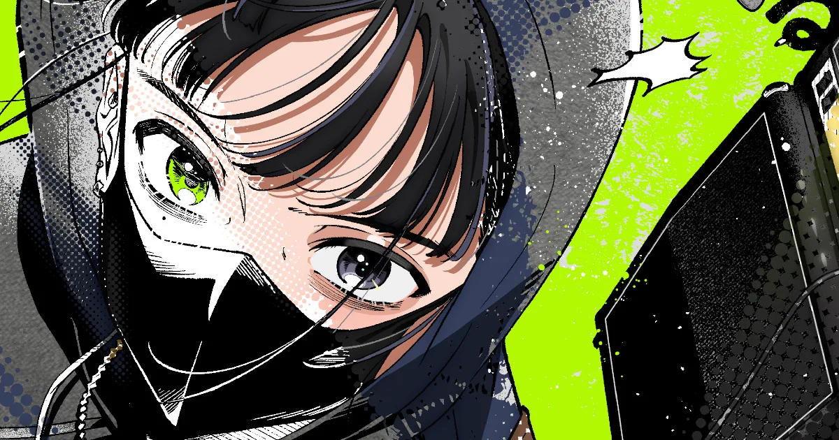 A girl with a hoodie and black Covid mask looks directly at the camera. One of her eyes is green and drawn like a manga, while the rest of her is in full color.