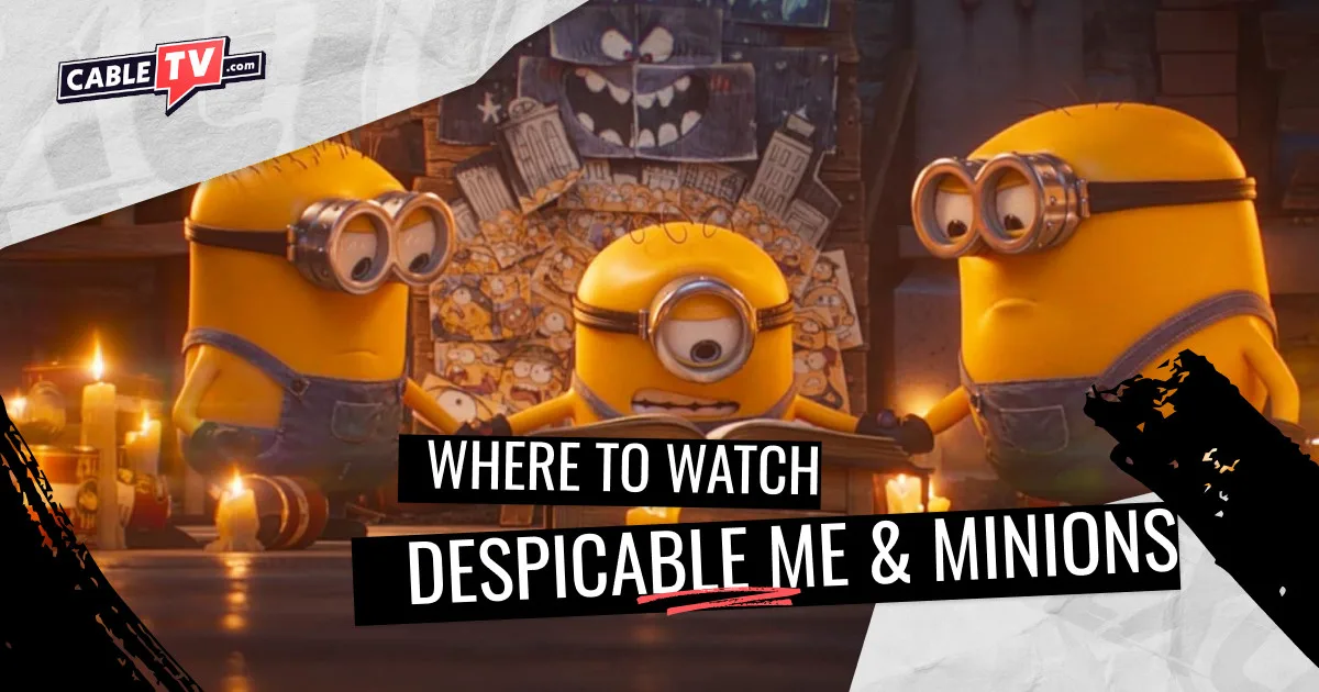 "Where to Watch Despicable Me & Minions." Three minions are looking down at a book.