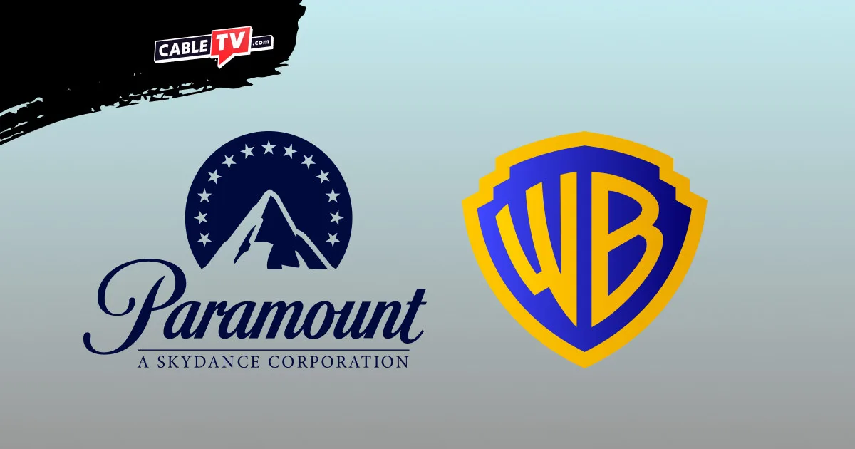 Paramount Pauses Merger The Paramount Skydance and Warner Bros. Discovery logs next to each other on a blueish gray gradient background.