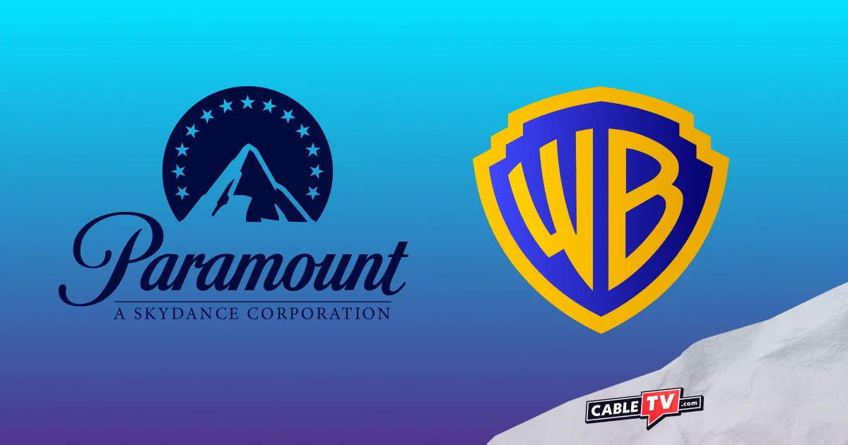 The Paramount and Warner Bros. Discovery logos on a blue and purple gradient background.