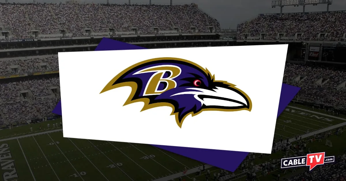 The Baltimore Ravens logo over an image of M&T Bank Stadium.