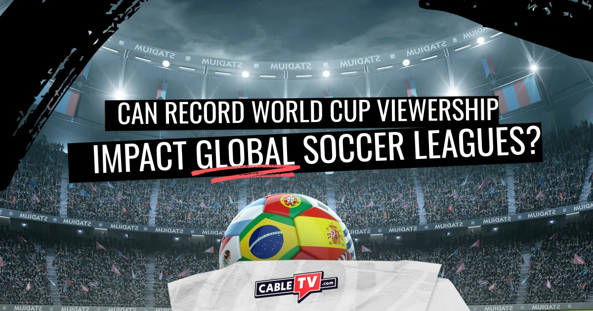 World Cup Viewship A soccer ball with a stadium in the background. Text on the photo is "Can record World Cup viewership impact global soccer leagues?"