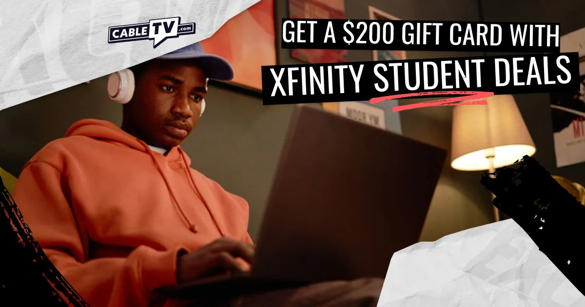 Male student with headphones on with a laptop in front of him. Text on image reads "Get a $200 Gift Card with Xfinity Student Deals."