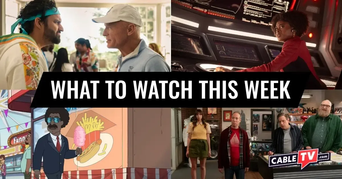 A collage of images from "The Dink," "Star Trek: Strange New Worlds," "President Curtis," and "Stuart Fails to Save the Universe," movies and shows covered in CableTV.com’s What to Watch This Week column for July 20–26.