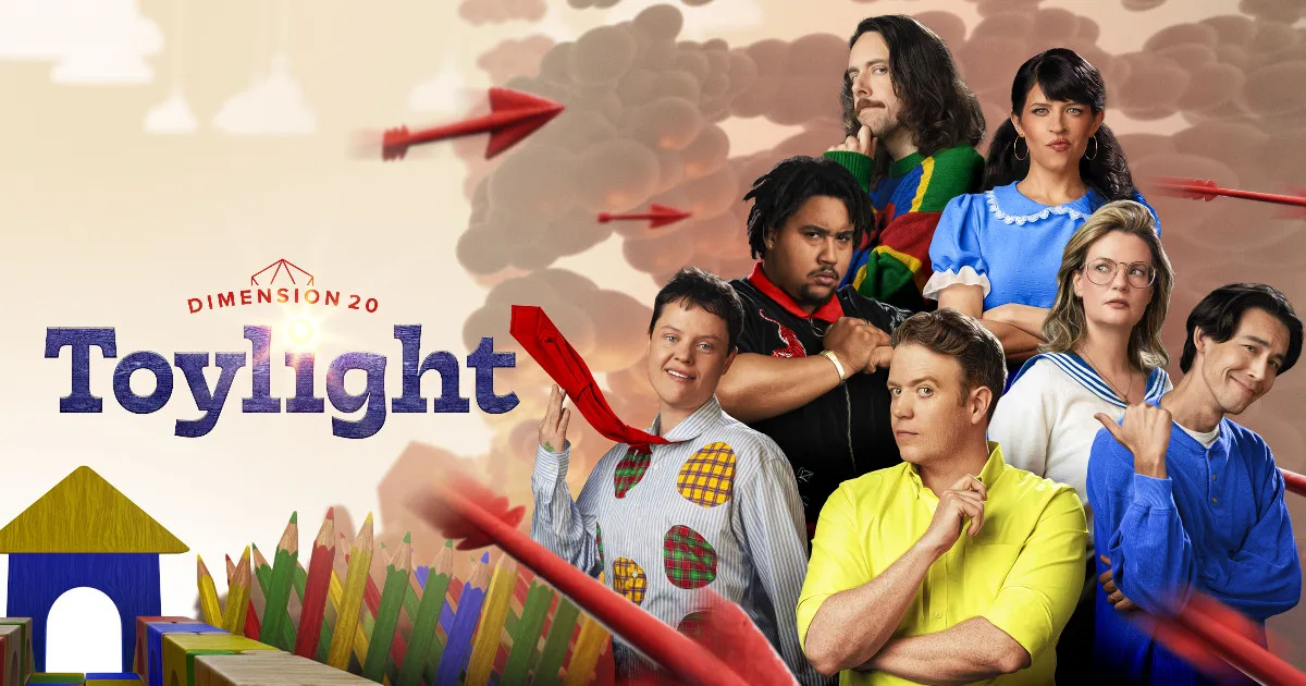 "Dimension 20: Toylight," along with a castle made of building blocks and a collage of all of the cast members in brightly colored clothes.
