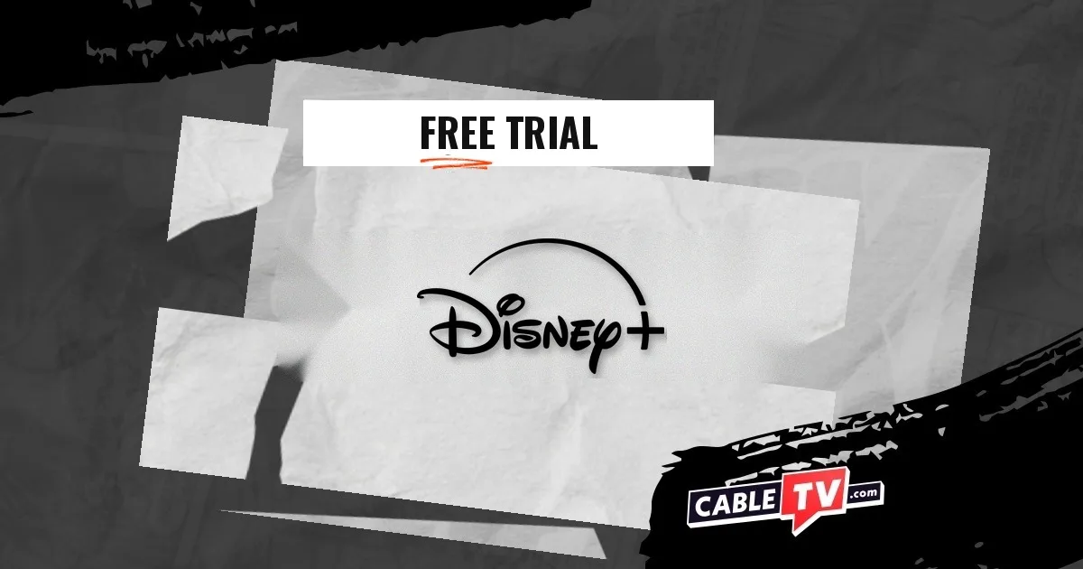 Disney Plus Free Trial Disney Plus logo over a stylized background of torn paper.