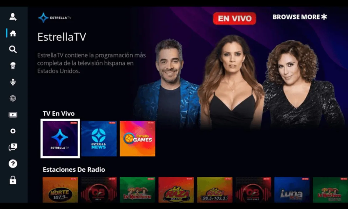 EstrellaTV App on Roku The Estrella TV app on Roku showing live TV and radio channel options.
