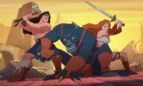 GoldenAxe1000x600 A shirtless man with long hair, a panther-man, and a woman with long red hair all stand in an action pose.