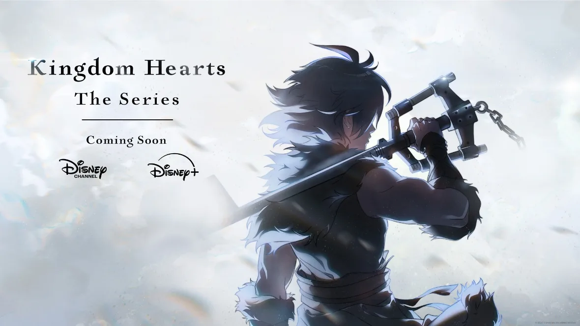 KingdomHearts Sora stands with his back to the viewer, holding a Keyblade over his shoulder.