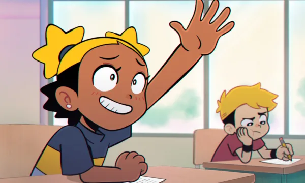 PrettyPrettyPlease1000x600 A young girl with medium toned skin and star-shaped pigtails nervously raises her hand in class.