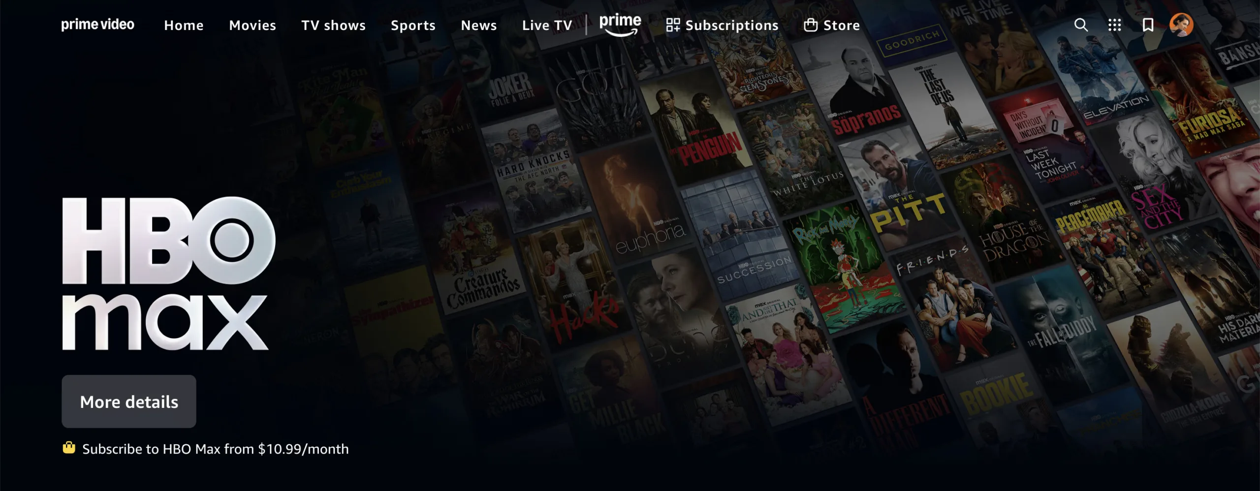HBO Max on Prime Video 2026 A screenshot of the HBO Max section of the Amazon Prime Video website.